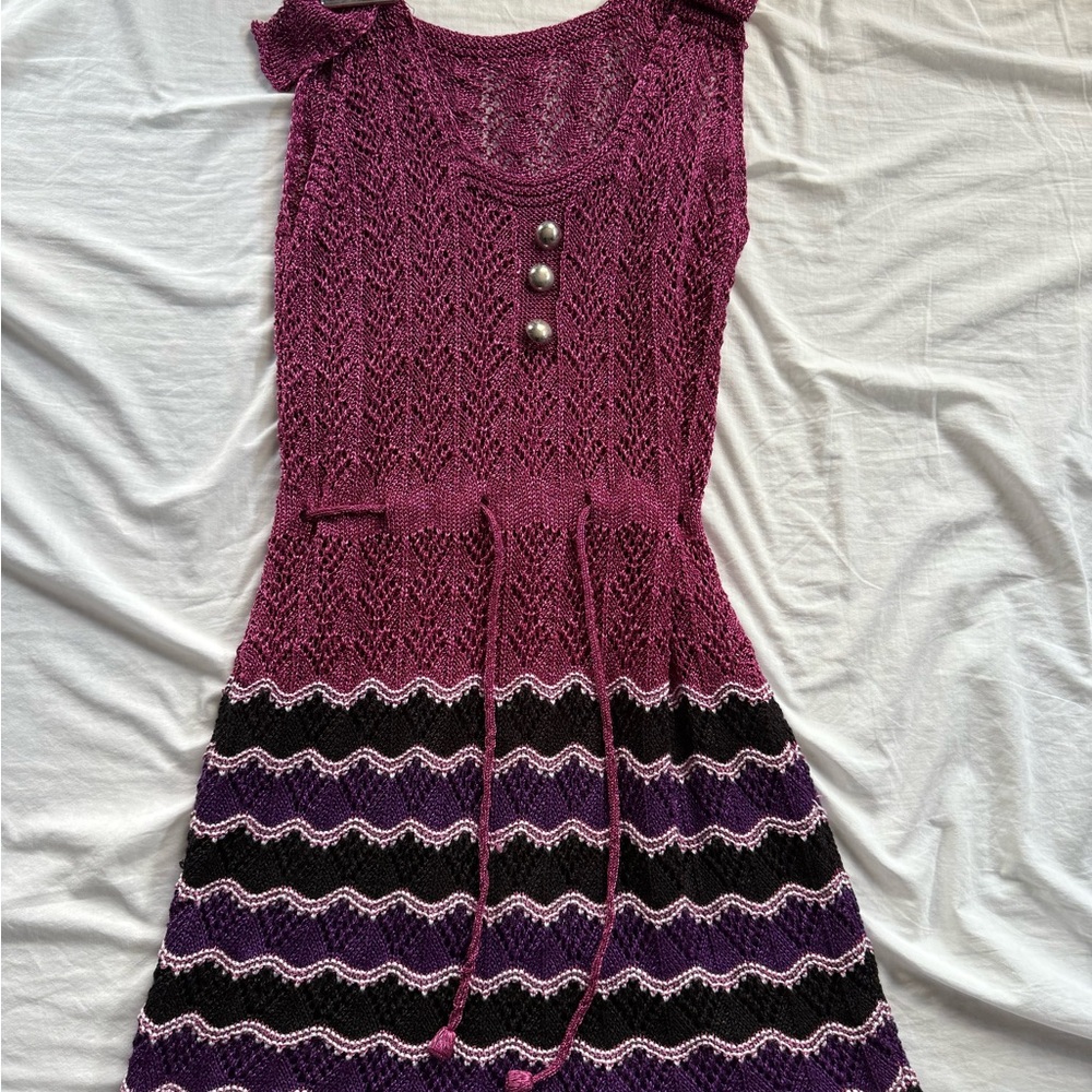 Purple and Black Knit Dress with Button Detail